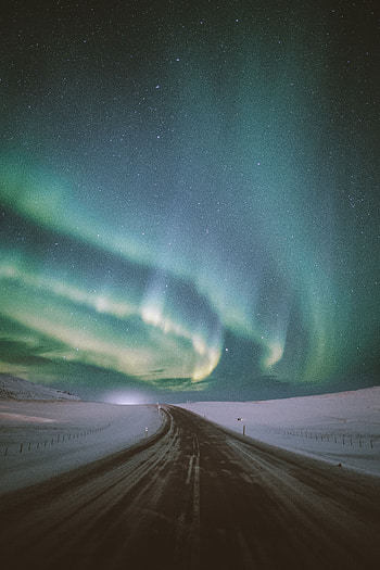Nature, Snow, Road, Starry Sky, Northern Lights, Aurora Borealis, Aurora HD phone wallpaper