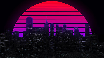 Moon, cityscape, skyscrapers, skyline, neon, retro HD wallpaper