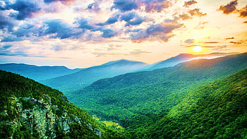Sunrise at Smuggler's Notch, Vermont, hills, landscape, clouds, trees, colors, sky, forest, usa HD wallpaper