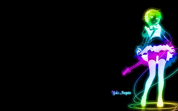 Colour in the Dark, blue, skirt, black, color, black background, yuki, guitar, yuki nagato, colour, orange, dark, anime, colourful skirt, green, nagato HD wallpaper