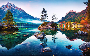 Autumn Lake, trees, island, mountains, village, reflections HD wallpaper