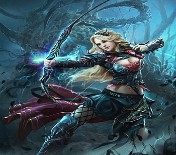 The Archer, lighting arrow, magic, fantasy, forest, woman HD wallpaper