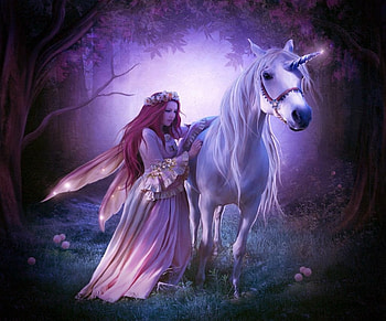 Unicorn, fairy, horse, forest, art HD wallpaper