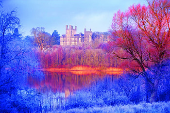 Crom Castle Heritage, Ireland, winter, reflection, snow, building, sunset HD wallpaper