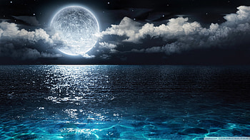 Moon and Ocean, night, blue, sea, oceans, moon, nature HD wallpaper