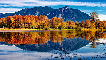 Borst Lake, Washington, landscape, autumn, trees, sky, water, mountains, reflections, usa, clouds HD wallpaper