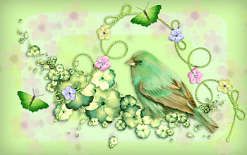 Green Spring Bird, animal, design, bird, green bird, art, ribbon, spring, summer, butterflies, fantasy, green, flowers, Viola Tricolor, bow HD wallpaper