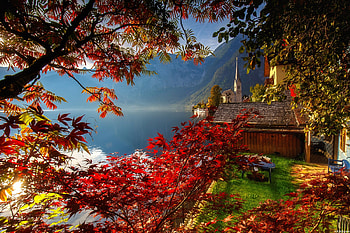 Hallstatt in autumn, river, hills, town, fall, beautiful, mountain, lake, mist, Hallstatt, branches, trees, Austria, autumn HD wallpaper