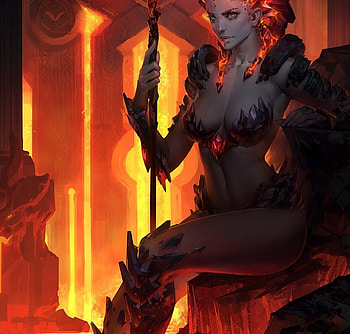 Lava Demon, top, lava, beauty, lady, abstract, cave, fantasy woman, female, bikini, beautiful, orange, rocks, dark, demon, woman, fantasy, red, fire HD wallpaper