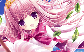 Anime, Original, Bow (Clothing), Cute, Long Hair, Pink Dress, Pink Hair, Purple Eyes HD wallpaper