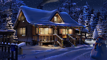 A Cold and Starry Night, snow, winter, snowman, lights, stars, cabin, truck HD wallpaper