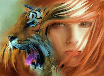 Tiger red, abstract, tiger, fierce, red hair, woman HD wallpaper