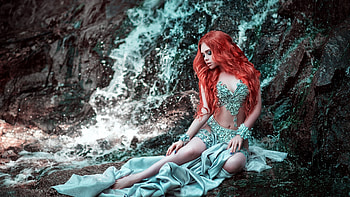 At The Waterfall, digital, art, red, girl, hair, cliff HD wallpaper