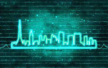Tokyo turquoise neon silhouette, , turquoise neon lights, Tokyo skyline silhouette, turquoise brickwall, japanese cities, neon skyline silhouettes, Japan, Tokyo silhouette, Tokyo HD wallpaper