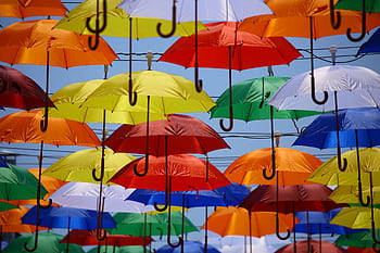 Colorful umbrellas suspended in the sky create a vibrant outdoor art installation. HD wallpaper