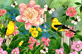 Spring Garden F2Cmp, animal, bird, peonies, art, avian, artwork, wide screen, wildlife, painting, butterfly, goldfinch, flowers HD wallpaper