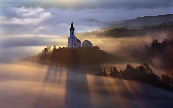 Church at Sunrise, mist, hills, church, sunrise HD wallpaper