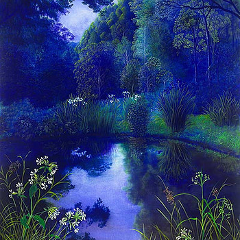 Into the Night, night, bushes, grass, reflection, painting, field, trees, flowers, sky, pond HD wallpaper