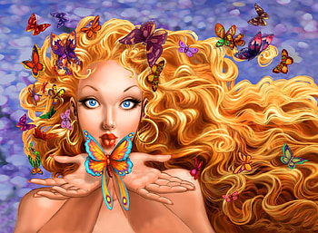 CHERIE......(Monarch), blue, blonde, butterfly, eyes, beautiful, girl, colourful HD wallpaper
