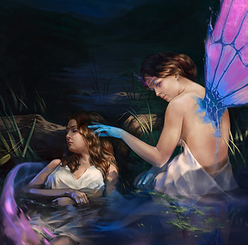 In the water, couple, girl, water, dark, blue, wings, daniil ivanov, purple, fairy, pink, fantasy HD wallpaper