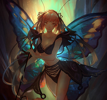 Blue Butterfly Girl, blue, black, shadow, butterfly wings, long hair, lady, blakc, abstract, twintails, fantasy woman, female, wings, sweet, art, bikini, beautiful, pink hair, woman, fairy, pink, fantasy, light, lovely HD wallpaper