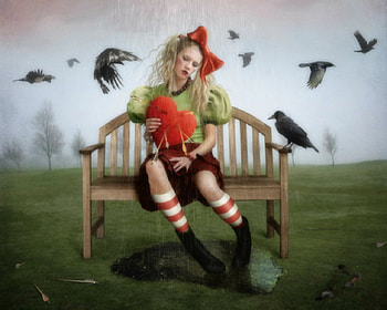 Fantasy girl, bench, raven, fantasy, art, woman HD wallpaper
