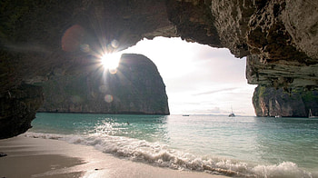 gorgeous coastal rock grotto, sea, sunshine, cave, grotto, rocks, beach HD wallpaper