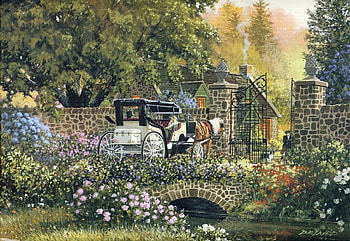 Coming Home, coach, horse, painting, trees, flowers, cottage HD wallpaper