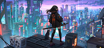 Urban Girl With Sword In Scifi World, anime-girl, anime, sword, scifi, warrior, cat, city, buildings, artist, artwork, digital-art HD wallpaper