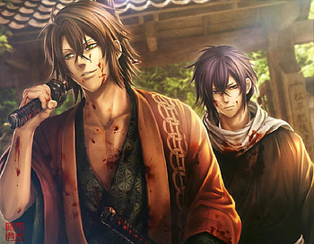 Okita Souji & Saitou Hajime, okita souji, shinsengumi, weapons, anime, hajime saitou, swords, samurai, souji okita, saitou hajime, hakuouki shinsengumi kitan, duo, blood, male, males, warriors HD wallpaper
