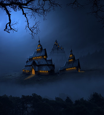 Art, Night, Building, Dark, Fog, Darkness, Temple HD phone wallpaper