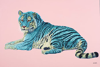 Tiger, pink, blue, fantasy, art, tigru HD wallpaper