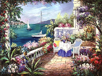 Summer at Amalfi Coast, artwork, chairs, table, italy, flowers, veranda, bats HD wallpaper