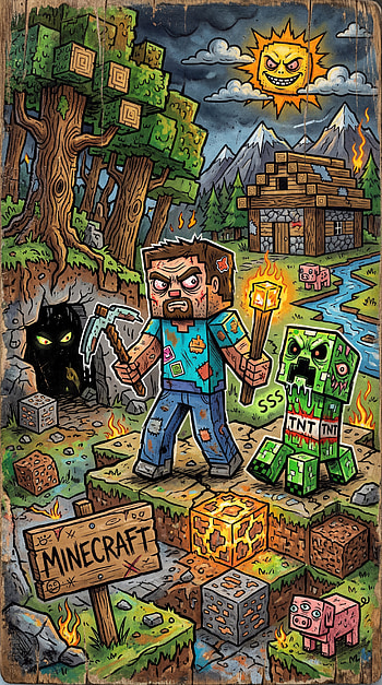 Blockscape | Steve's Stand | Creeper Night | Torch & Pick | Pixel Wilderness, Minecraft, Steve (Herobrine Minecraft), Creeper (Minecraft) HD phone wallpaper