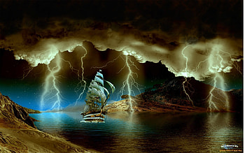 Transport, Landscape, Ships, Sea, Night, Lightning HD wallpaper