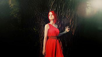 Red Style, night, digital, art, girl, forest, dark HD wallpaper