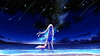 Anime girl, outdoor, night, starfall HD wallpaper