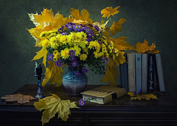 Autumn Still Life, table, Fall, vase, Autumn, candlestick, still life, books, leaves, candelabra, candle, flowers HD wallpaper