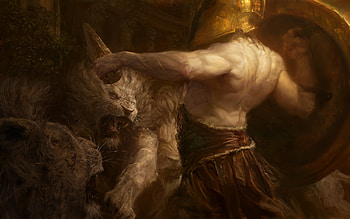 Nemea Lions, nemea, lion, man, campbell white, fantasy, hercules HD wallpaper