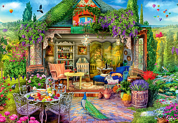 Wine Country Escape, artwork, chairs, painting, tables, garden, vinyard, cabin, wine, peacock HD wallpaper