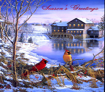 Seasons greetings, falls, winter, snow, trees, building, lake, cardinals HD wallpaper