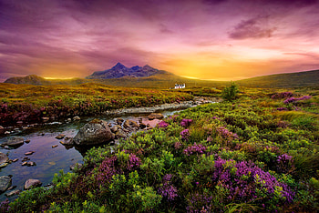 Scotland, colorful, creek, house, meadow, beautiful, mountain, riuver, serenity, wildflowers, summer, hut, field, sky, sunset HD wallpaper