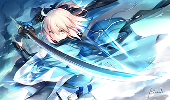 Saber, blue, kimono, blonde, yukata, ninja, fate stay night, sinister, female, sexy, blond, sword, sakura saber, hot, girl, anime girl, anime, serious, samurai, weapon, katana HD wallpaper