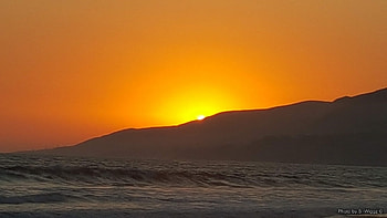 Sunset at Zuma, Dusk, Orange, Sunset, Zuma, Mountains, Haze, Ocean, Beach, Waves, Sun, California, Sky HD wallpaper