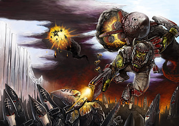 warhammer 40k eldar men ork stormtroopers rocket satchel the helmet . sword bolter smoke fire HD wallpaper
