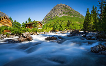 mountain river, morning, sunrise, mountain, mountain landscape, wooden houses, Norway HD wallpaper