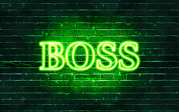 Hugo Boss green logo, , green brickwall, Hugo Boss logo, fashion brands, Hugo Boss neon logo, Hugo Boss HD wallpaper