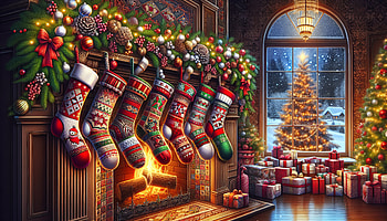 Festive Christmas Stockings, stocking, Christmas, fireplace, tree, presents, christmas fireplace HD wallpaper