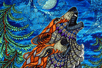 Wolf song, blue, art, wolf, orange, moon, fantasy, texture, luna, luminos, lup HD wallpaper