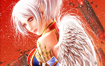 Angel, blue, wings, white, blonde, art, eyes, girl, beauty, woman, feather, fantasy, red, hair, warrior HD wallpaper
